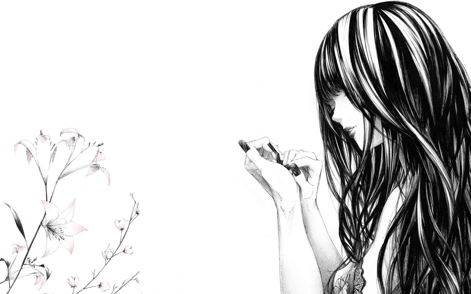 黑白藝術 桌布 壁紙 — 一個黑白插圖的長髮女孩在簡約白色背景上，在精緻的粉紅色百合花附近拿著一支筆。