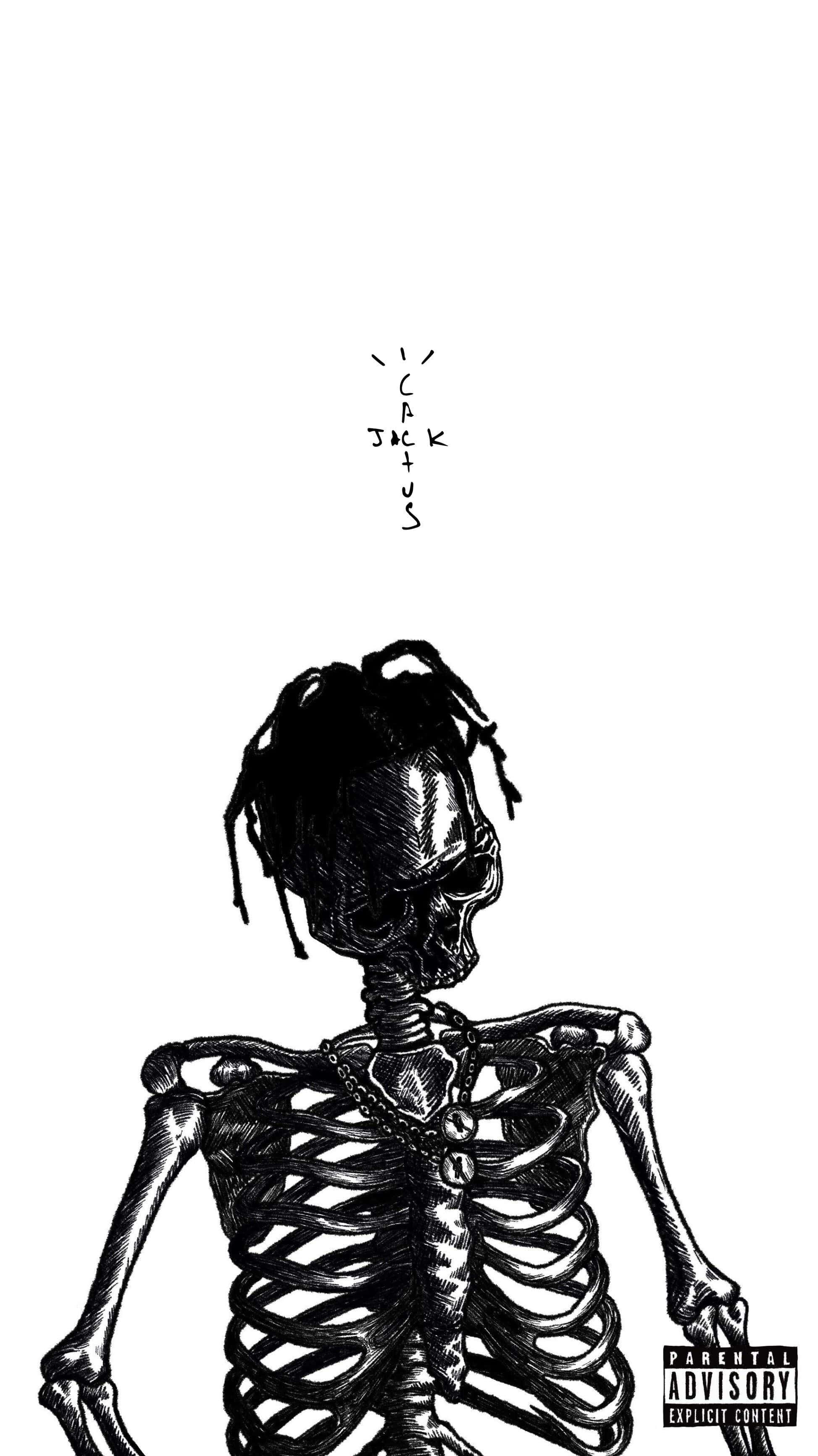 崔維斯·史考特 桌布 壁紙 — 一個黑白插圖的骷髏，梳著辮子頭，戴著鏈條項鍊，在純白背景上向上凝視。
