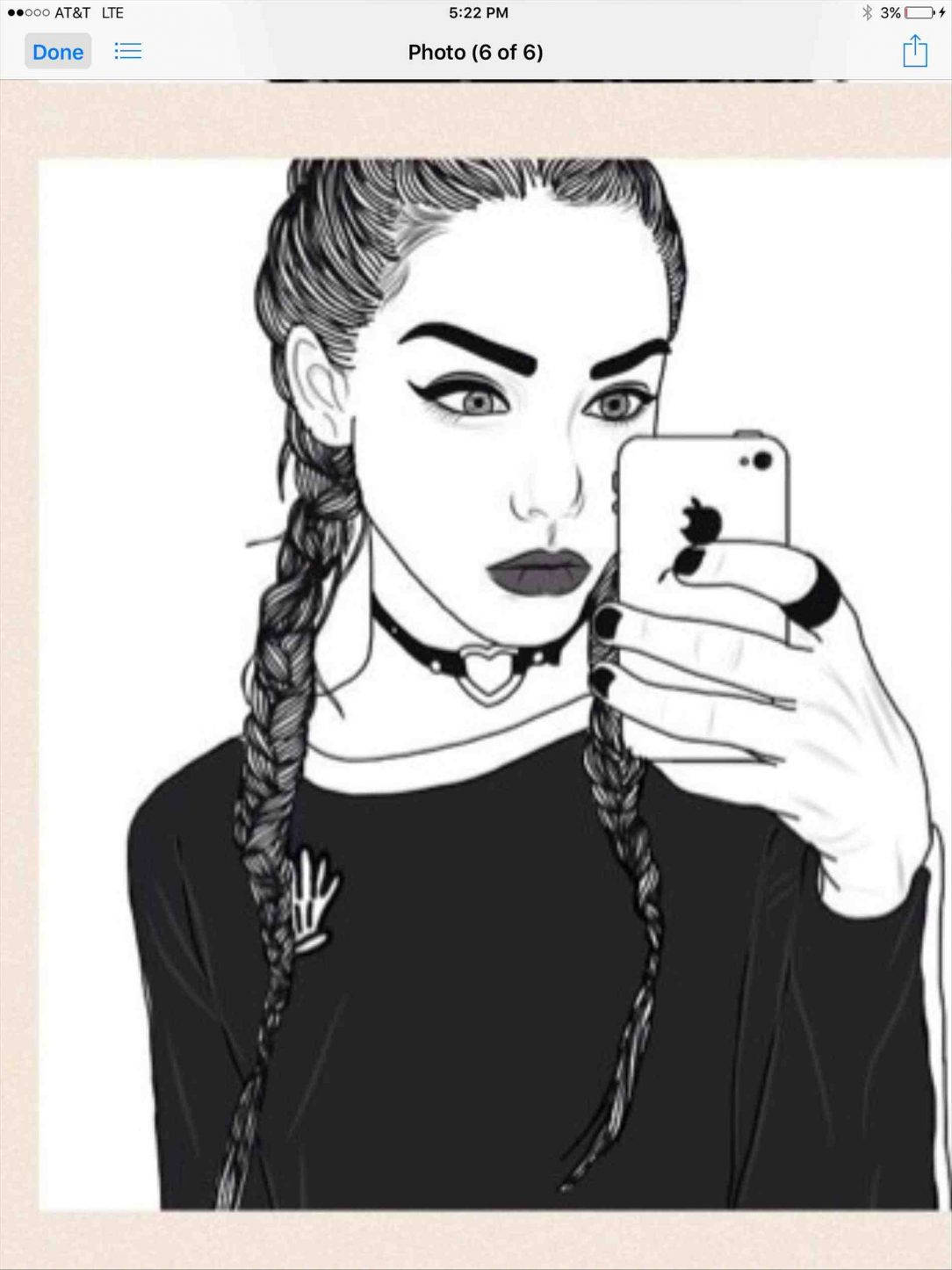 酷女孩 桌布 壁紙 — 一個黑白插圖肖像，描繪一位辮子髮型的女性用手機自拍。