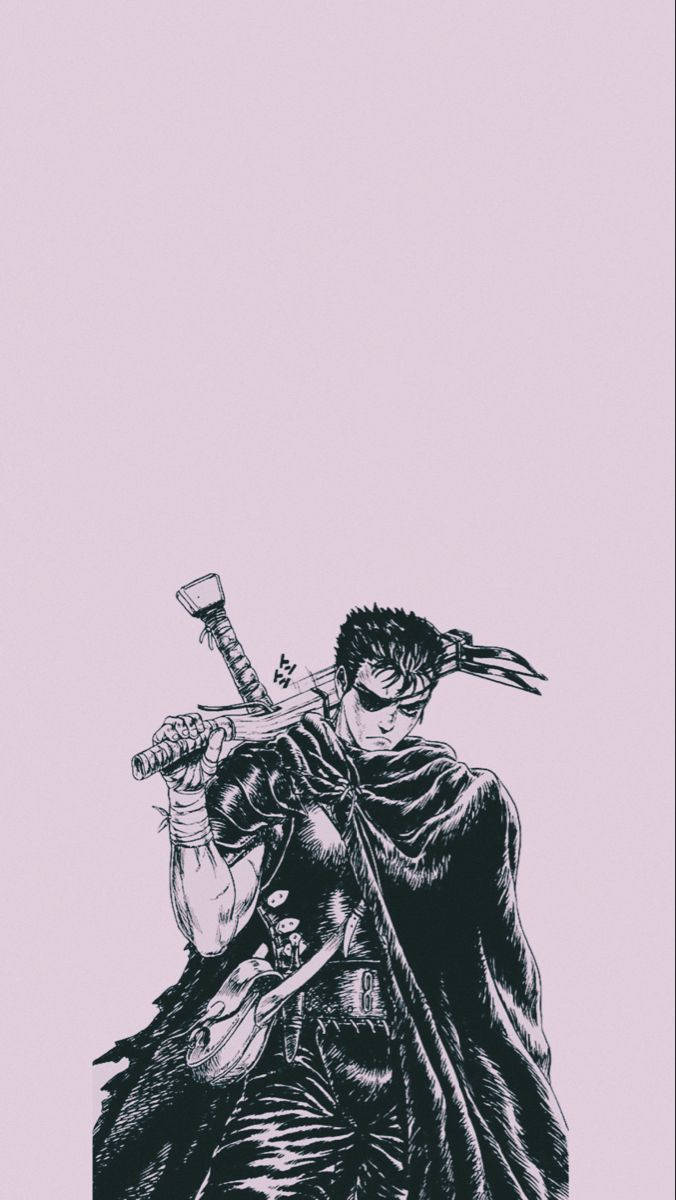 Berserk Guts 桌布 壁紙 — 一個黑白插圖風格的戰士，肩上扛著劍，站在柔和的薰衣草色背景前。