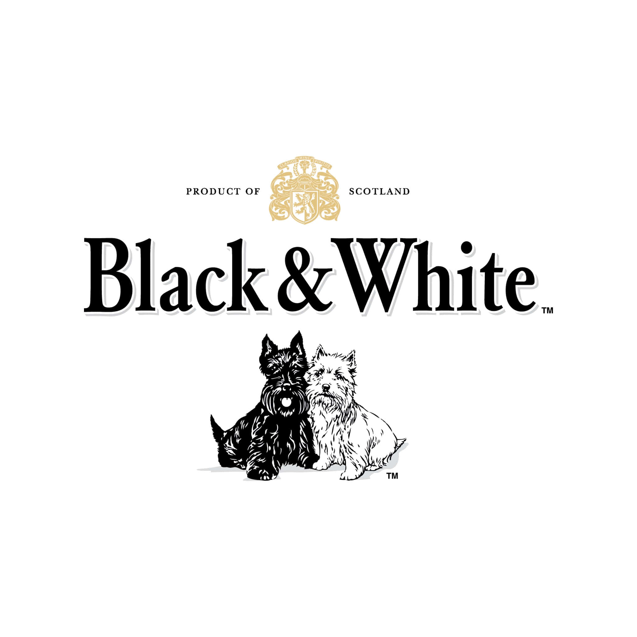 Black And White Logo 桌布 壁紙 — 一個黑白標誌，下方有兩隻蘇格蘭㹴犬，文字為 'Black & White'，並帶有金色蘇格蘭徽章。