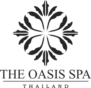 綠洲 桌布 壁紙 — 一個黑白標誌，在優雅的襯線字體 'THE OASIS SPA THAILAND' 上方有一個對稱的花卉徽章。