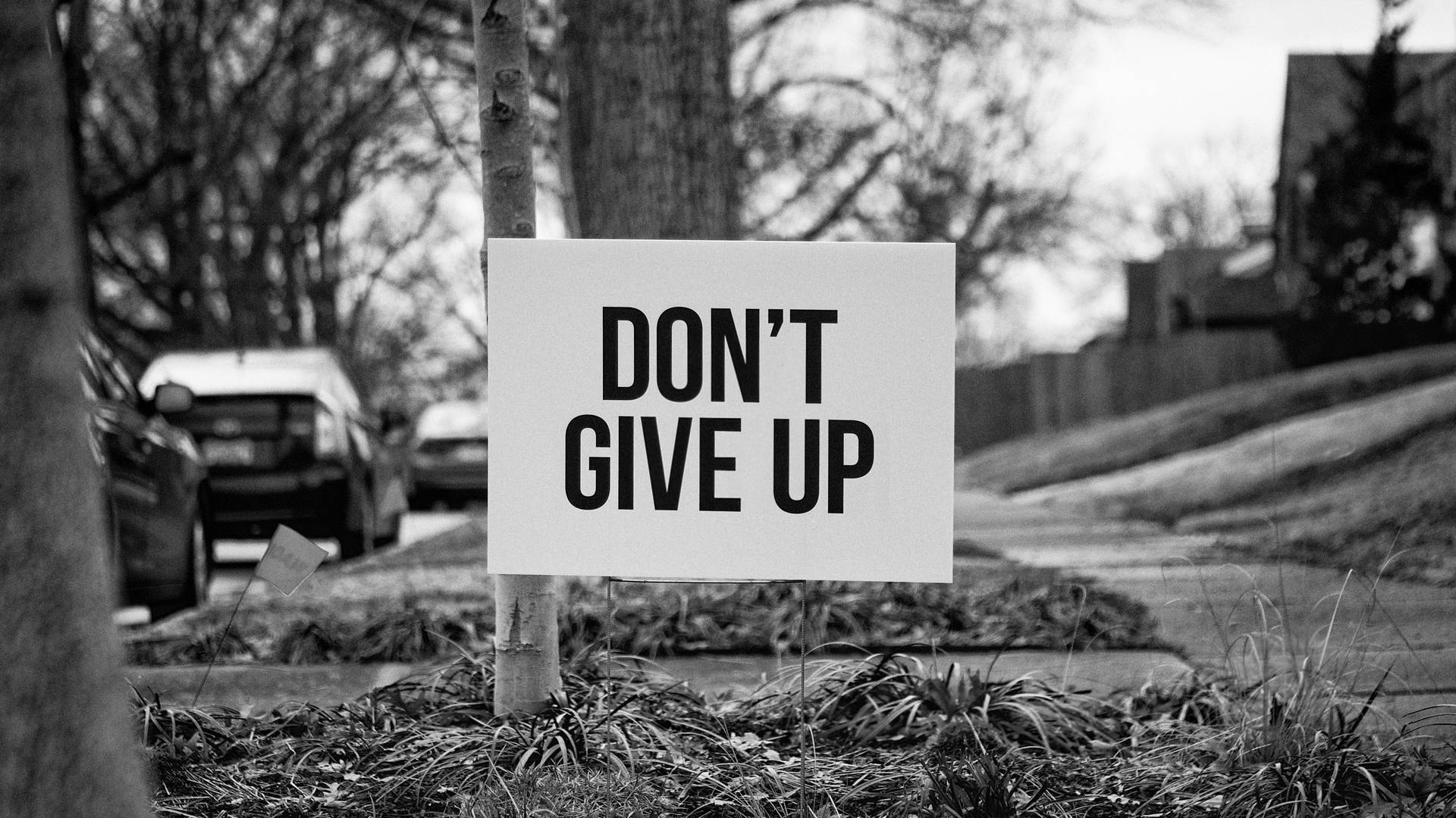 一個位於郊區庭院的勵志標誌，寫著「DON'T GIVE UP」。