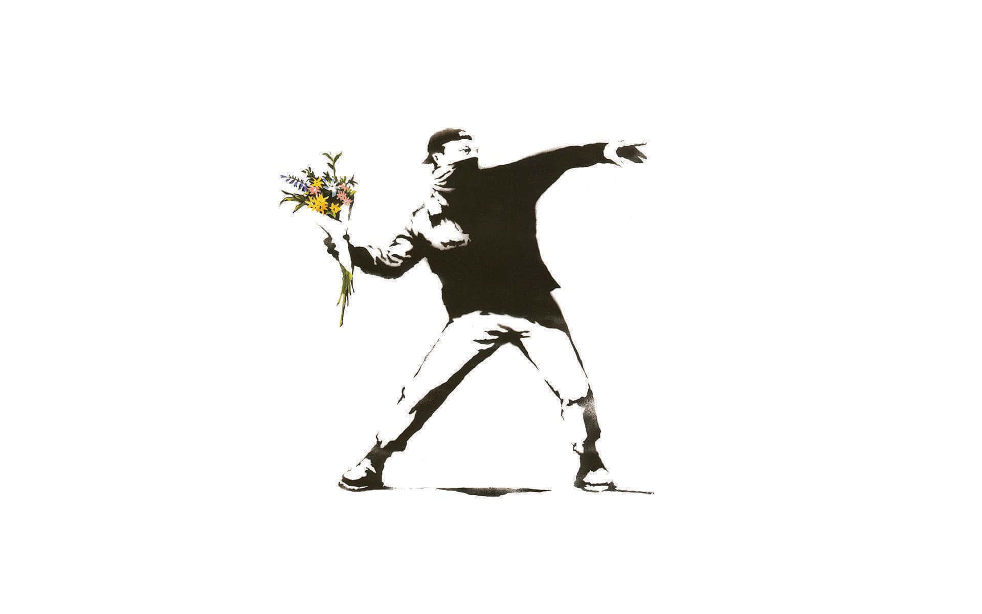 Banksy 桌布 壁紙 — 一個黑白模板塗鴉人物向純白背景投擲色彩繽紛的花束。