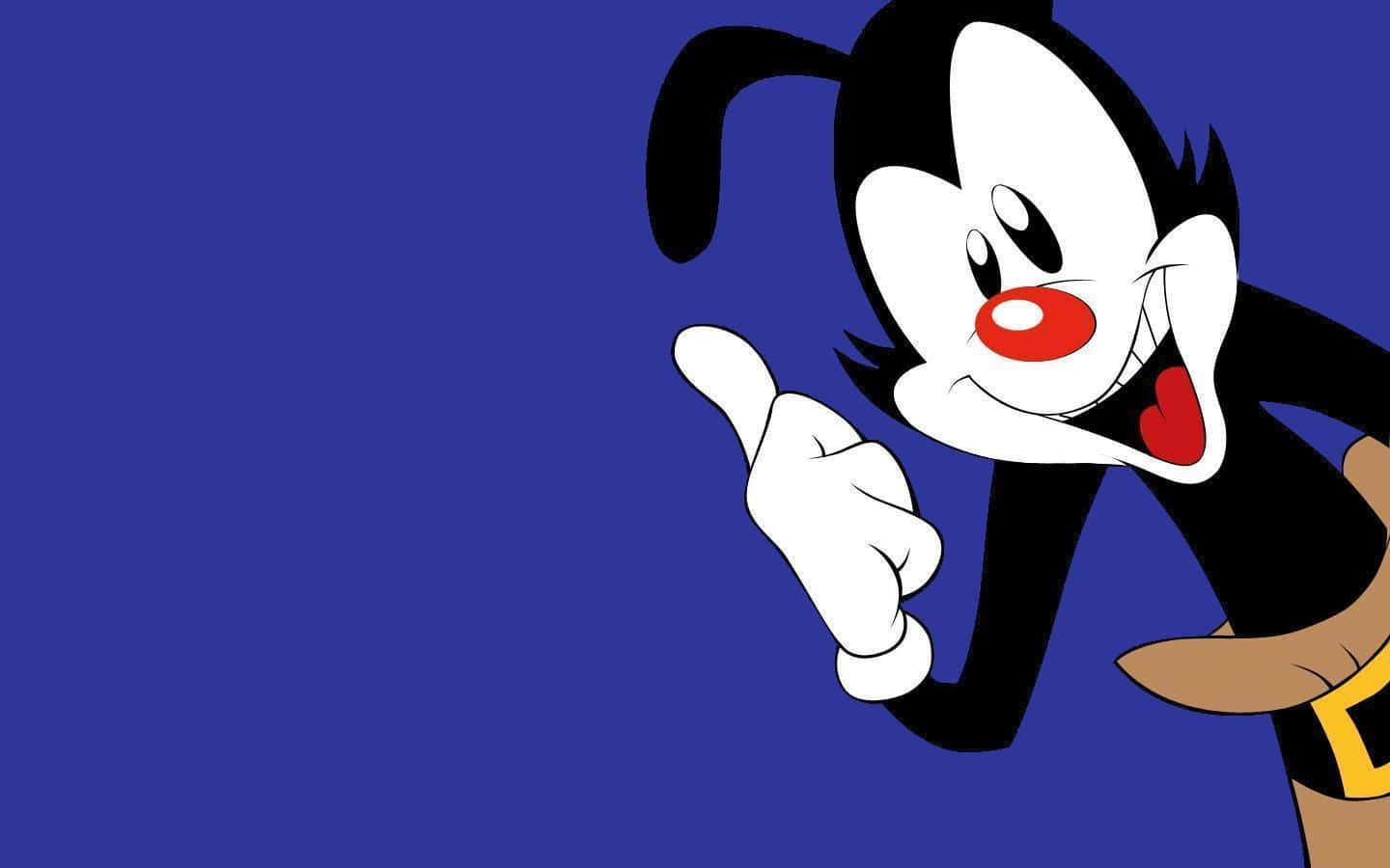 Animaniacs 桌布 壁紙 — 一個黑白毛髮、紅鼻子、咧嘴大笑的卡通角色，在純藍色背景前開心地指著。
