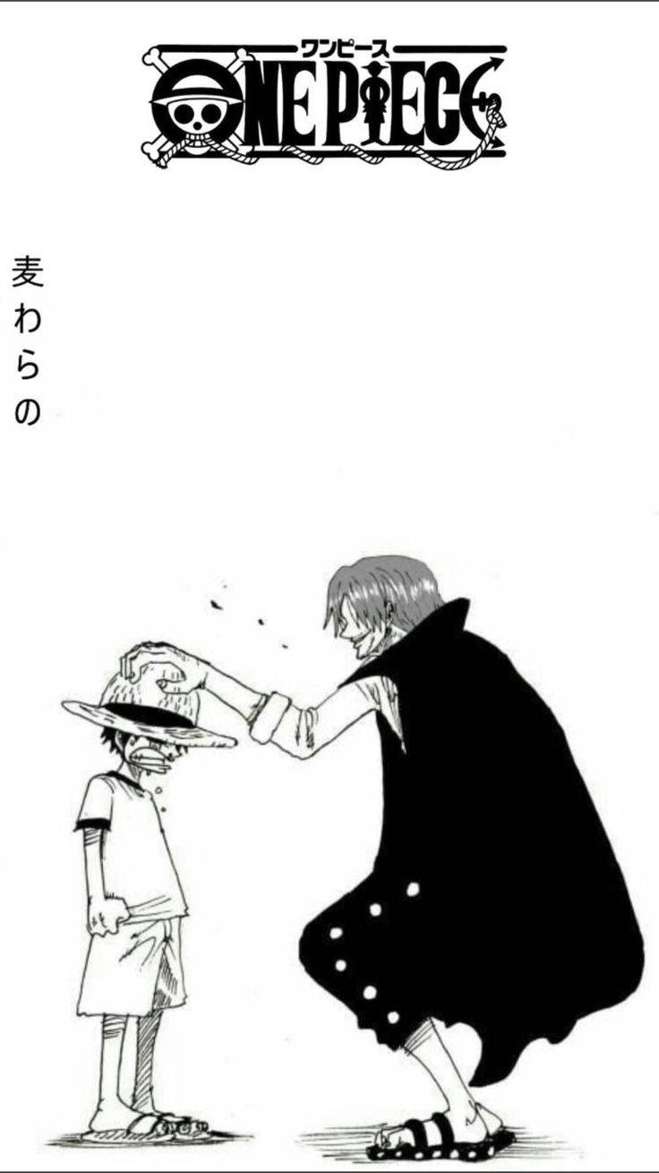 One Piece Phone 桌布 壁紙 — 一個黑白漫畫格顯示一個高大的身影將草帽戴在一個男孩頭上，上方出現One Piece標誌。