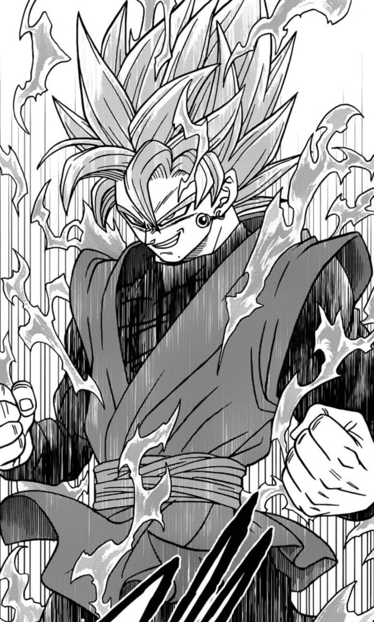 漫畫gif 桌布 壁紙 — 一個黑白漫畫面板，描繪一個頭髮尖刺的戰士擺出戰鬥姿勢，被能量火焰包圍。