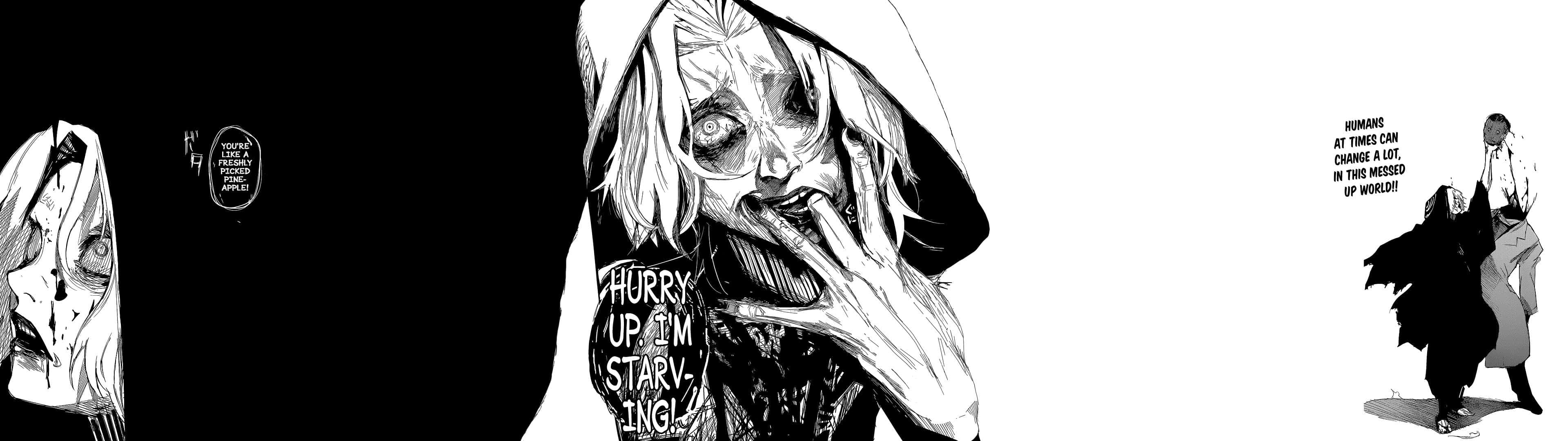 Seidou Takizawa 桌布 壁紙 — 一個黑白漫畫面板，顯示畸形的類人形人物，面容扭曲並帶有對話氣泡。