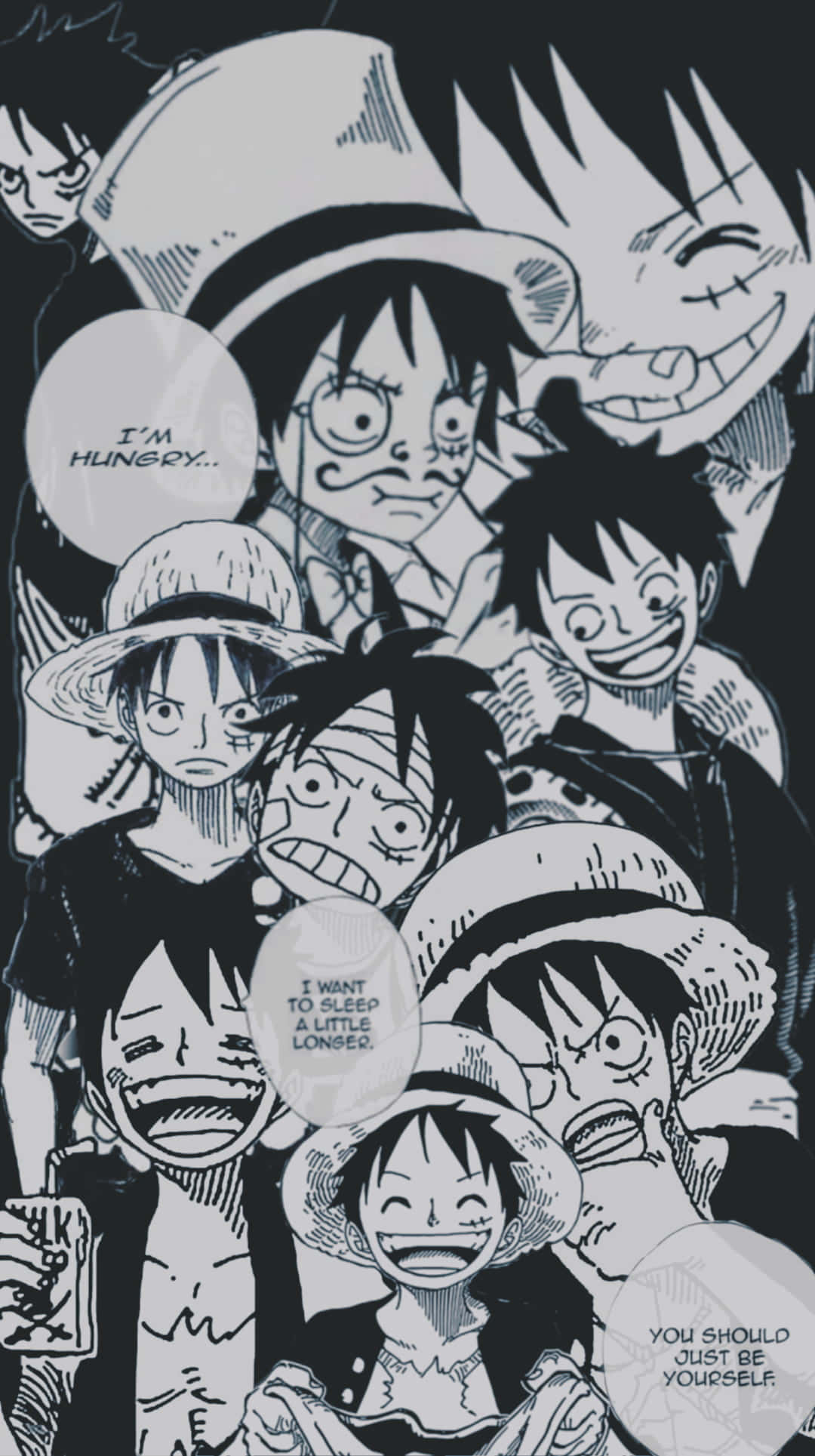 One Piece Manga 桌布 壁紙 — 一個黑白漫畫面板展示了《航海王》魯夫的多個表情版本，並附有對話氣泡。