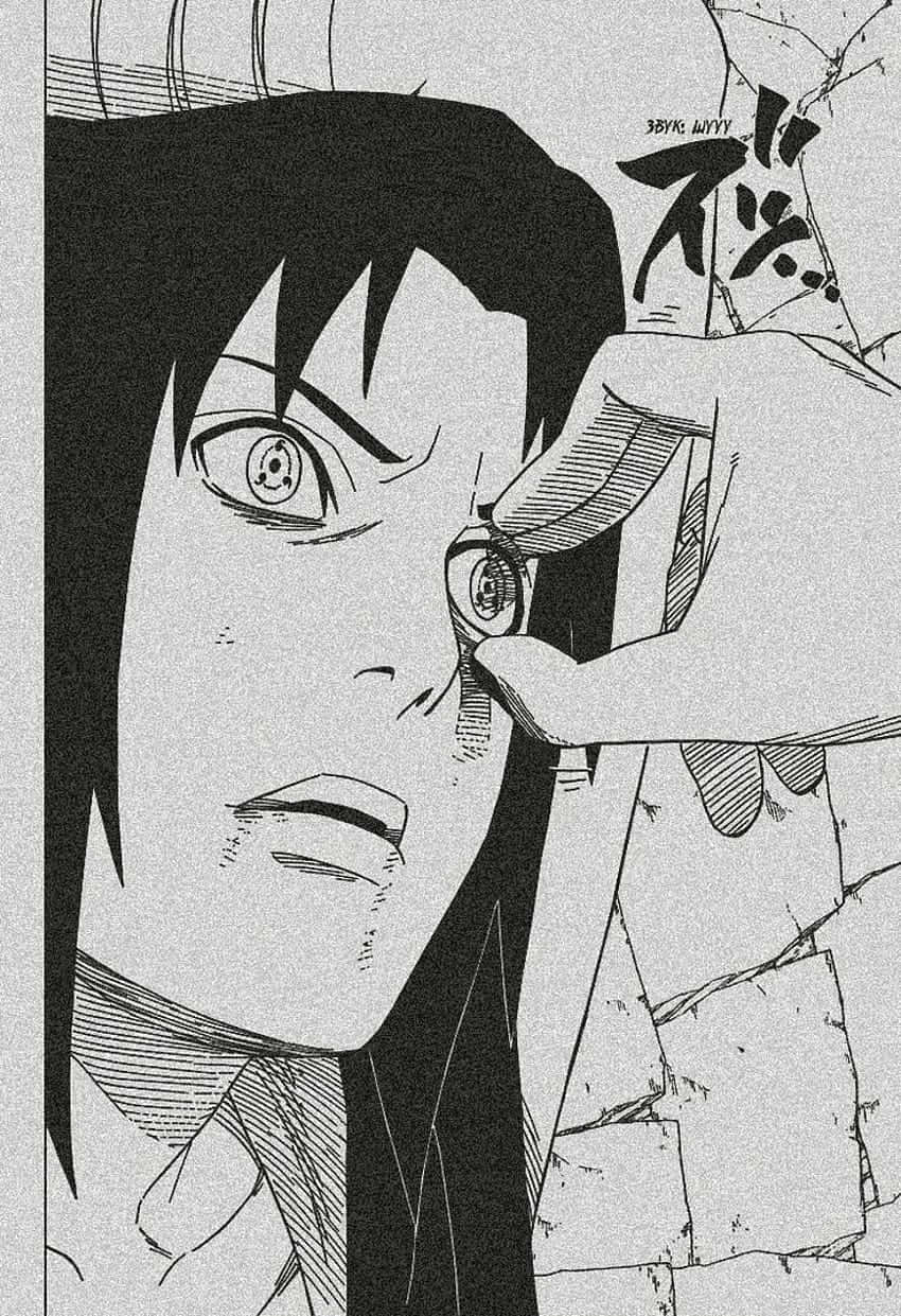 Naruto Manga 桌布 壁紙 — 一個黑白漫畫面板顯示一個年輕男子，頭髮尖刺，寫輪眼被強行更換成另一隻眼睛。