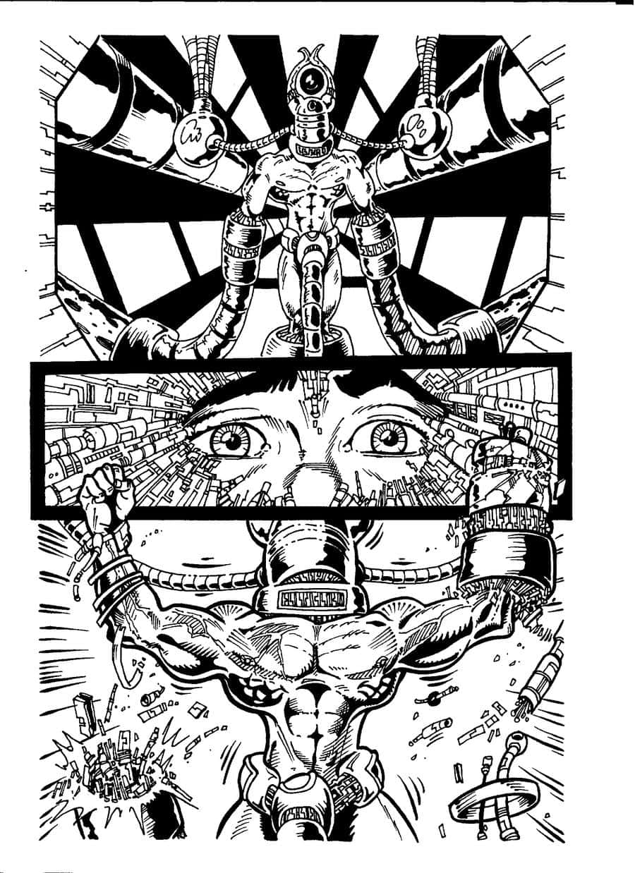 Black And White Comic 桌布 壁紙 — 一個黑白漫畫面板顯示一個機器人形在一個驚恐的孩子臉上，以及一個肌肉男從機械束縛中掙脫。