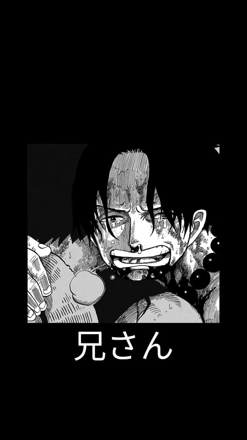 Sad Anime Death 桌布 壁紙 — 一個黑白漫畫面板顯示一個痛苦的男人，流著眼淚和汗水，緊握一個圓形物體，下方有日文字。