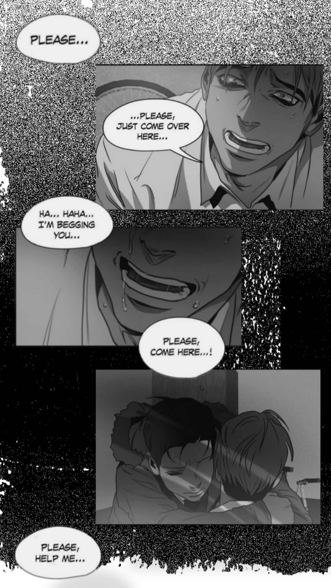Comics 桌布 壁紙 — 一個黑白漫畫面板顯示一個痛苦的男人懇求另一個人靠近，帶著流淚的表情和懇求的對話。