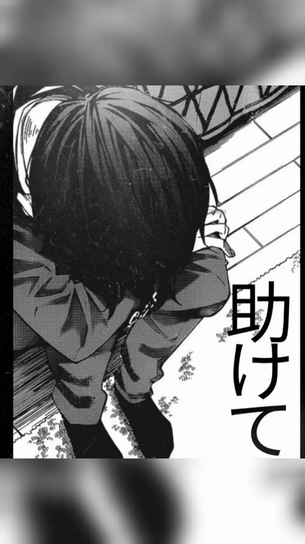 一個漫畫角色痛苦地彎腰，附有日文求救文字。 — 憂鬱動漫男孩 壁紙