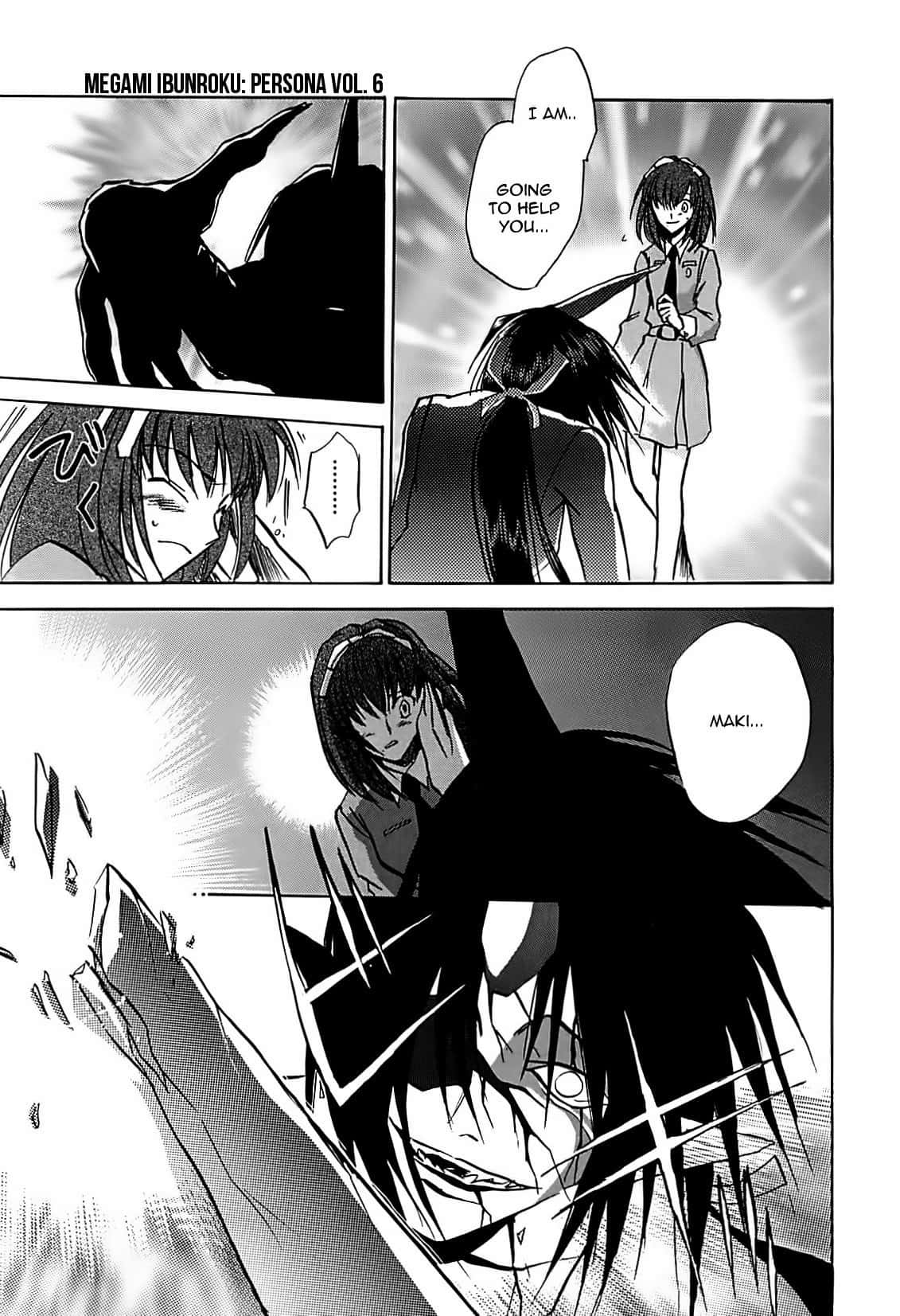 Rai-dei The Blade 桌布 壁紙 — 一個黑白漫畫面板顯示一個穿著校服的女孩面對一個黑暗的影子人物，並宣佈她會幫助某人。