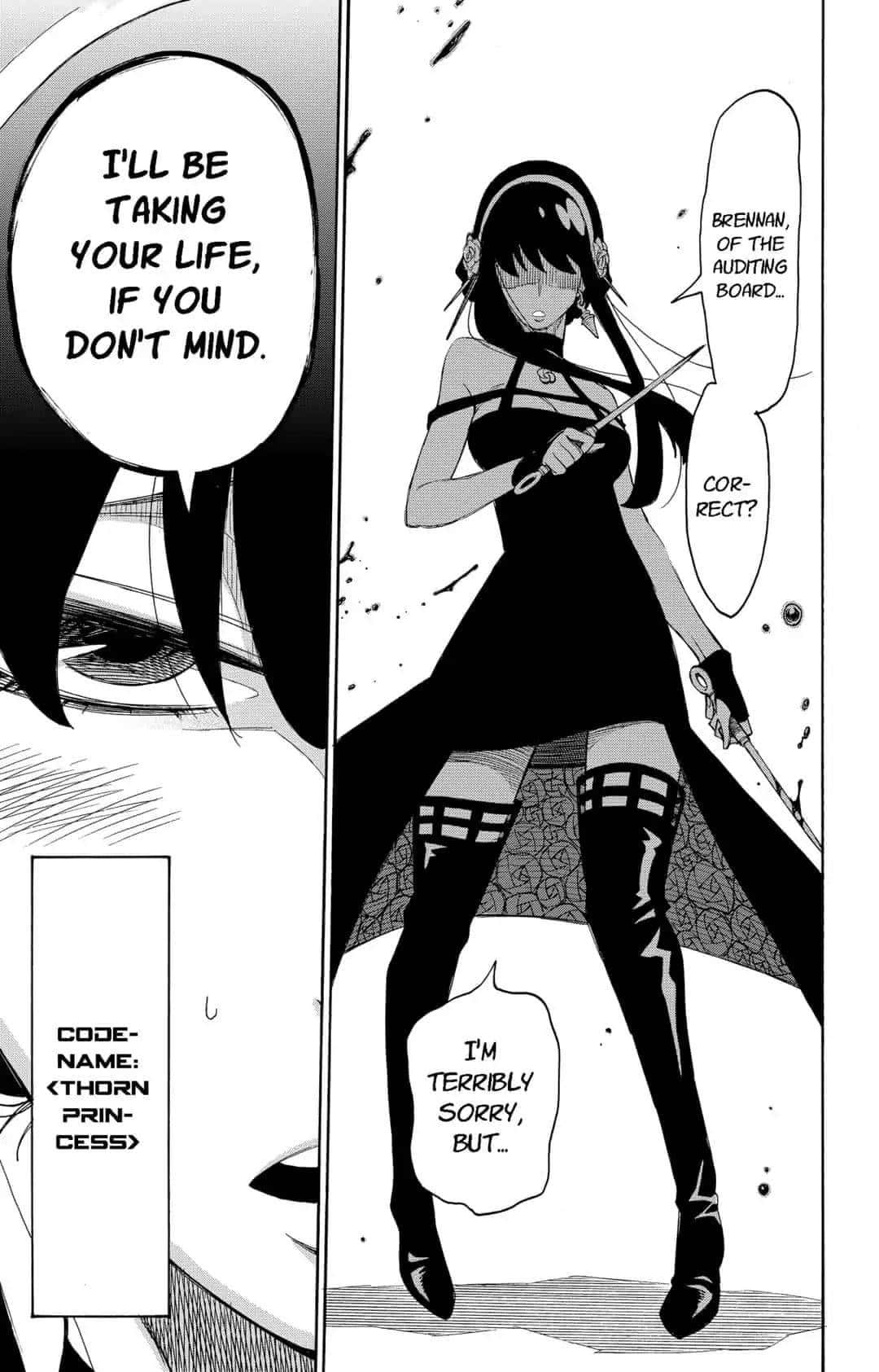 Manga Pages 桌布 壁紙 — 一個黑白漫畫面板顯示一個穿著深色連衣裙的女人拿著劍，同時與另一個角色交談。