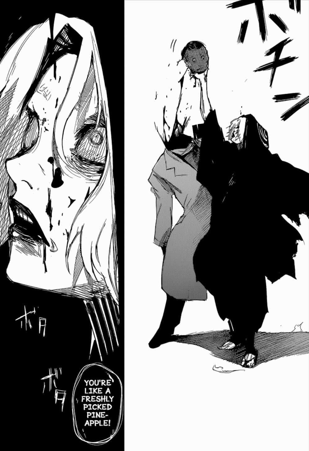 Seidou Takizawa 桌布 壁紙 — 一個黑白漫畫面板顯示一個血淋淋的角色在尖叫，而另一個人物在暴力對抗中舉起一個頭顱。