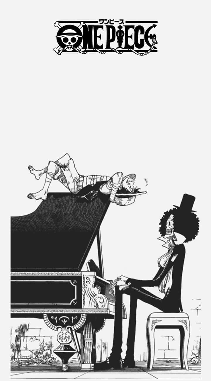 Brook 桌布 壁紙 — 一個黑白漫畫面板顯示一個角色在華麗的鋼琴上休息，而另一個角色戴著高帽和爆炸頭彈奏鋼琴。