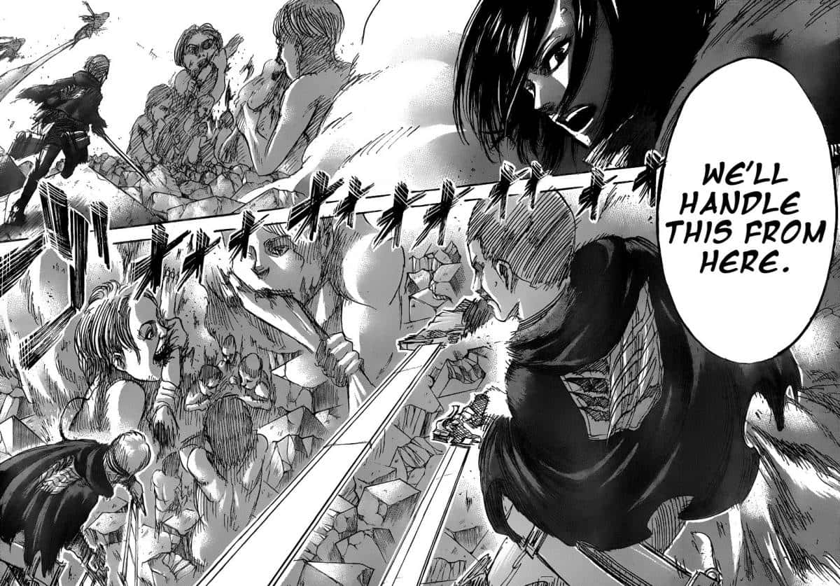 Aot Manga 桌布 壁紙 — 一個黑白漫畫面板顯示一名堅定的士兵在破碎的瓦礫中與巨型人形巨人戰鬥時大喊。
