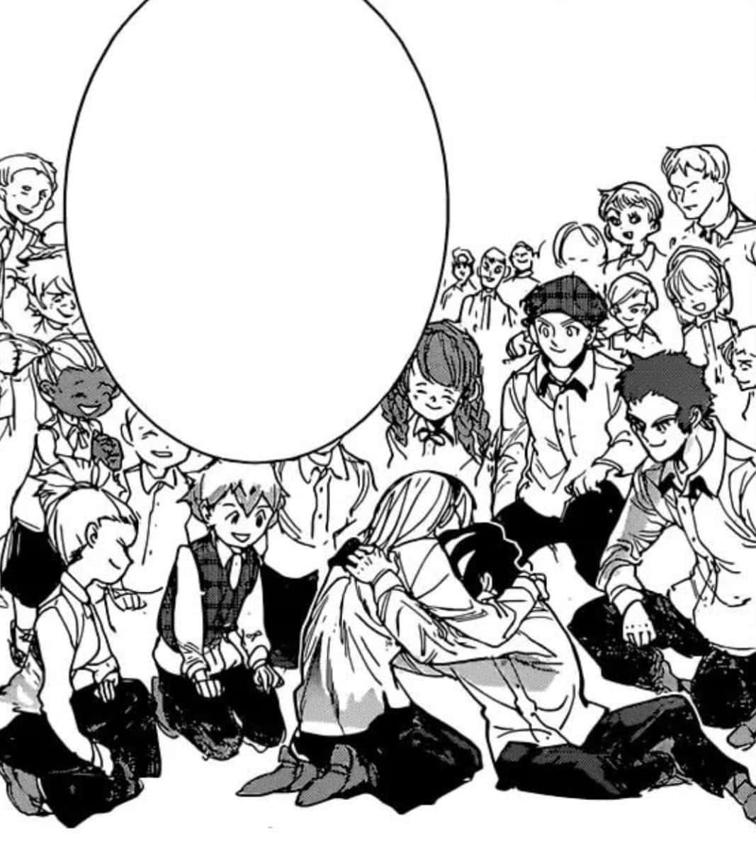 The Promised Neverland Lucas 桌布 壁紙 — 一個黑白漫畫面板顯示一群孩子聚集在中央擁抱的兩個人物周圍。
