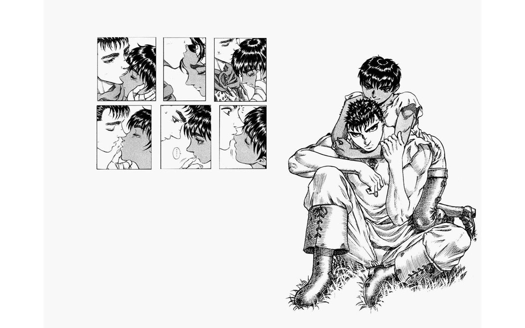 烙印勇士 4K 桌布 壁紙 — 一個黑白漫畫面板顯示兩個男孩在草地上擁抱，上方網格中有親密的特寫鏡頭。