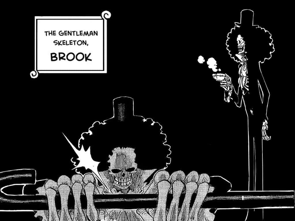 Brook 桌布 壁紙 — 一個黑白漫畫面板顯示骷髏音樂家布魯克以兩種姿勢出現：一個是在骨頭圍欄上偷看，另一個是站直拿著一個杯子。