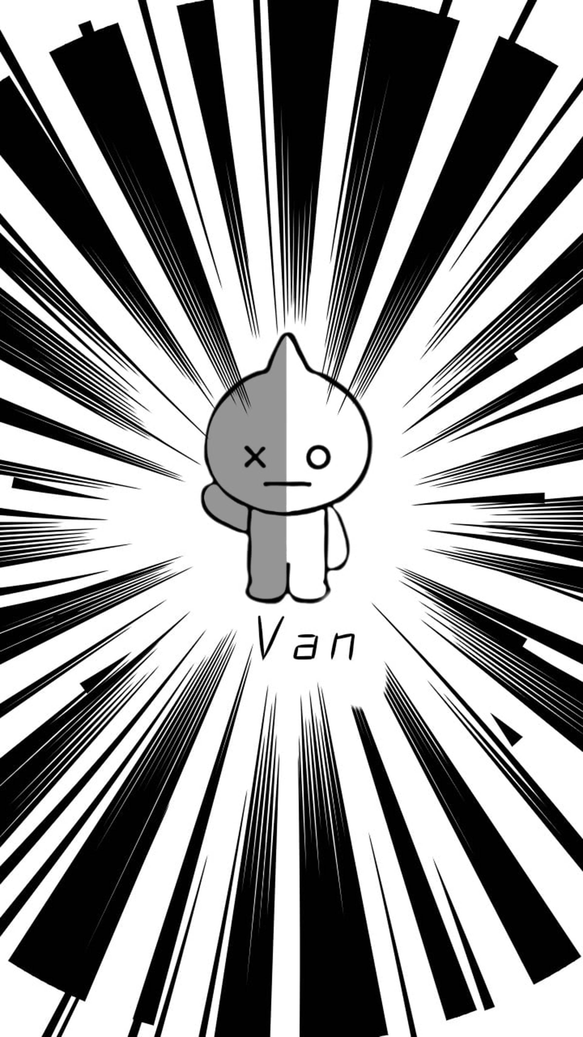 van bt21 桌布 壁紙 — 一個黑白漫畫風格的角色，臉部分裂，站在放射狀速度線中央，下方有名字Van。
