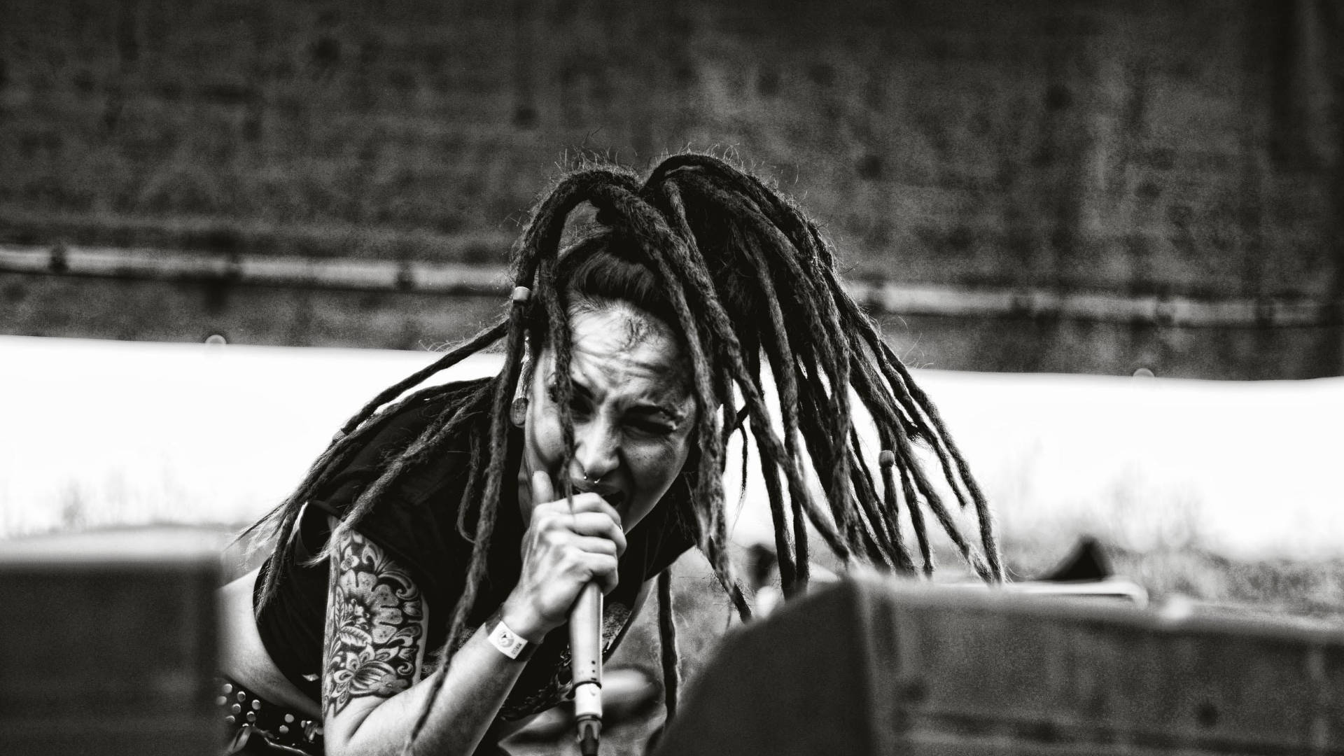 dreads 桌布 壁紙 — 一個黑白特寫，一位充滿熱情的音樂家留著辮子，在現場音樂會上對著麥克風尖叫。