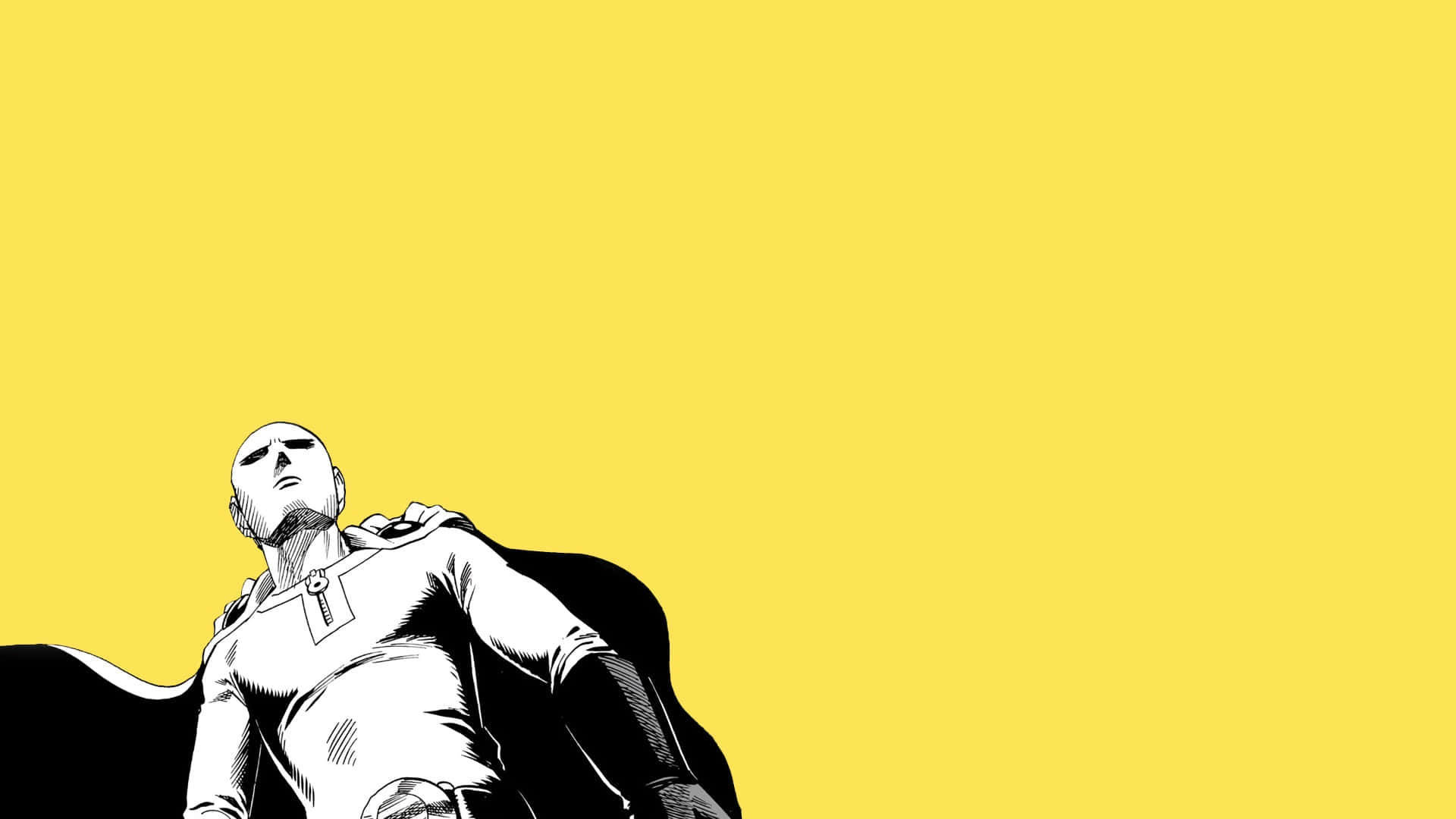 One Punch Man Minimalist 桌布 壁紙 — 一個黑白的光頭超級英雄自信地站在純黃色背景前，披風在身後飄揚。