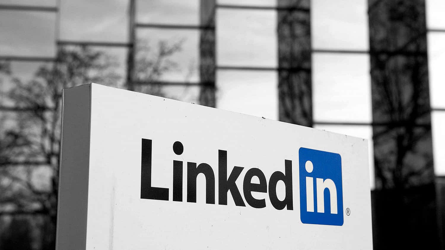 Linkedin 桌布 壁紙 — 一個黑白相間的LinkedIn標誌矗立在玻璃建築前，映照著光禿禿的樹木倒影。