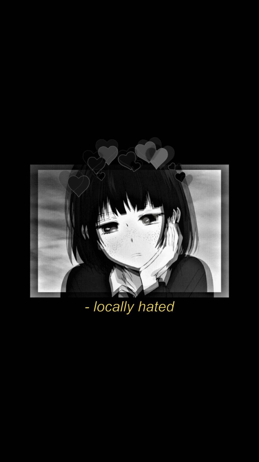 Edgy 桌布 壁紙 — 一個黑白短髮動漫女孩，在黑暗背景中，被漂浮的心形包圍，手托下巴。