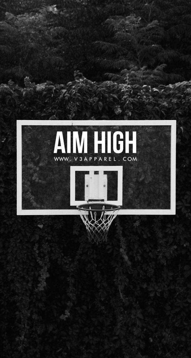 Fitness 桌布 壁紙 — 一個黑白籃球框，上面有「AIM HIGH」字樣，被茂密的樹葉框住，構成單色構圖。