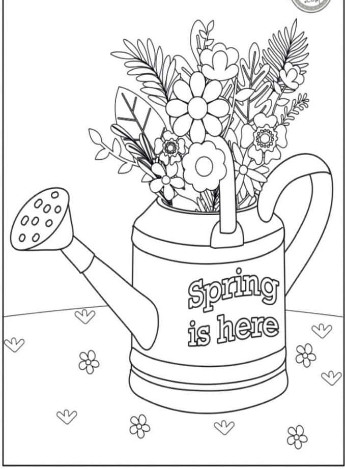 Spring Coloring 桌布 壁紙 — 一個黑白線條畫，描繪一個溢滿春天花朵和葉子的澆水壺，附有文字春天來了。