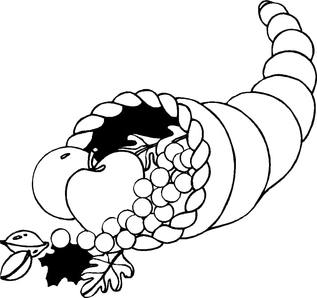 Thanksgiving Coloring 桌布 壁紙 — 一個黑白線條畫的豐饒角，裝滿了蘋果、葡萄和葉子。