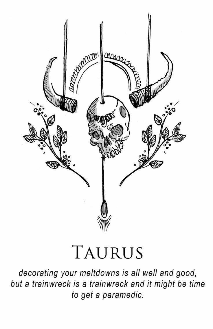 taurus 桌布 壁紙 — 一個黑白線條繪畫，描繪一個有角的骷髏頭被繩索懸掛，兩側有樹枝和樹葉。