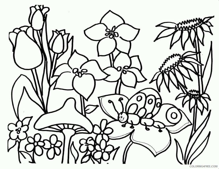 Spring Coloring 桌布 壁紙 — 一個黑白線條繪畫的花園場景，有鬱金香、雛菊、金光菊和一隻在葉子上微笑的瓢蟲。
