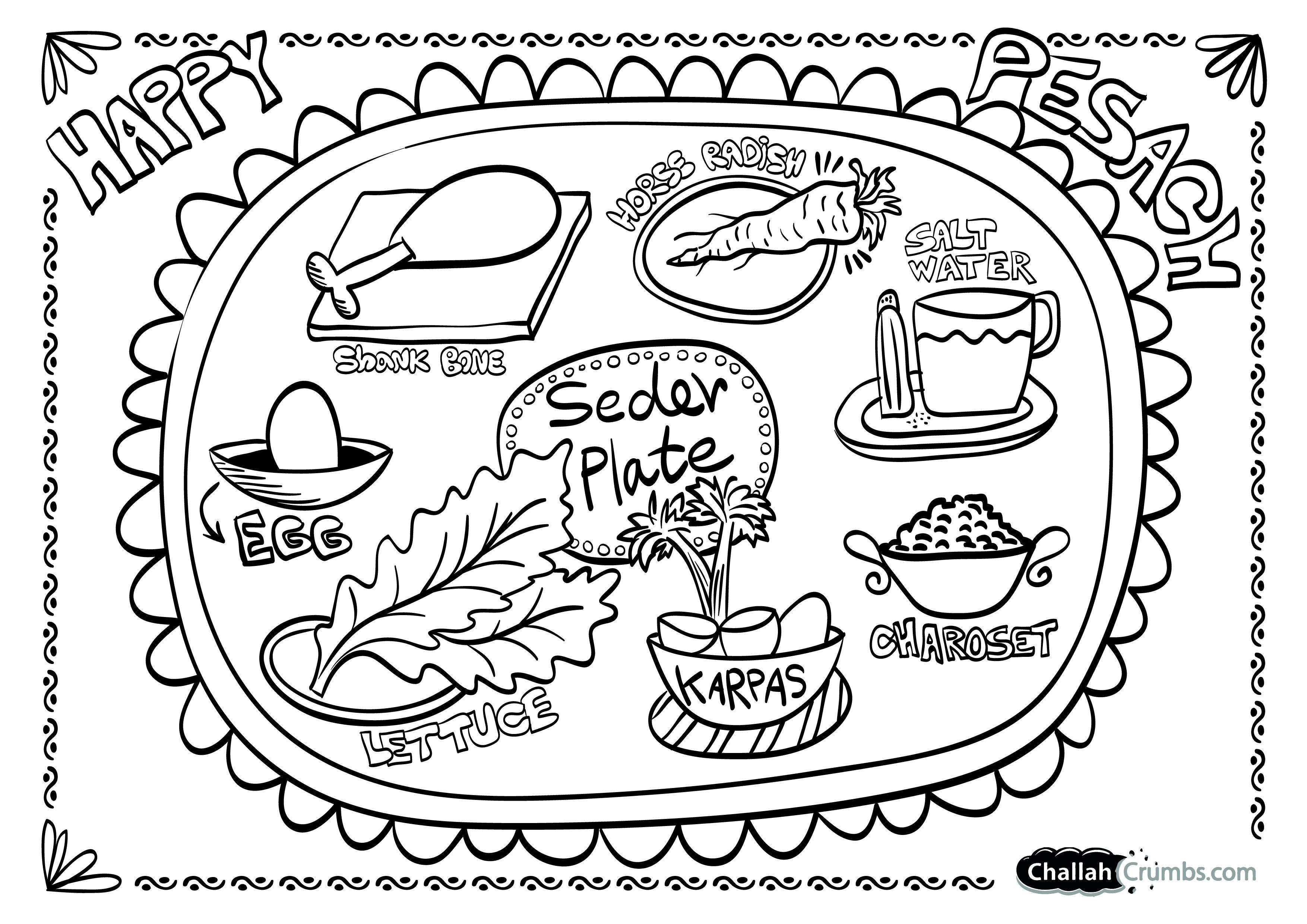 Passover 桌布 壁紙 — 一個黑白線條繪畫的逾越節餐盤，上面標有傳統逾越節食物，如雞蛋、脛骨和哈羅塞特。