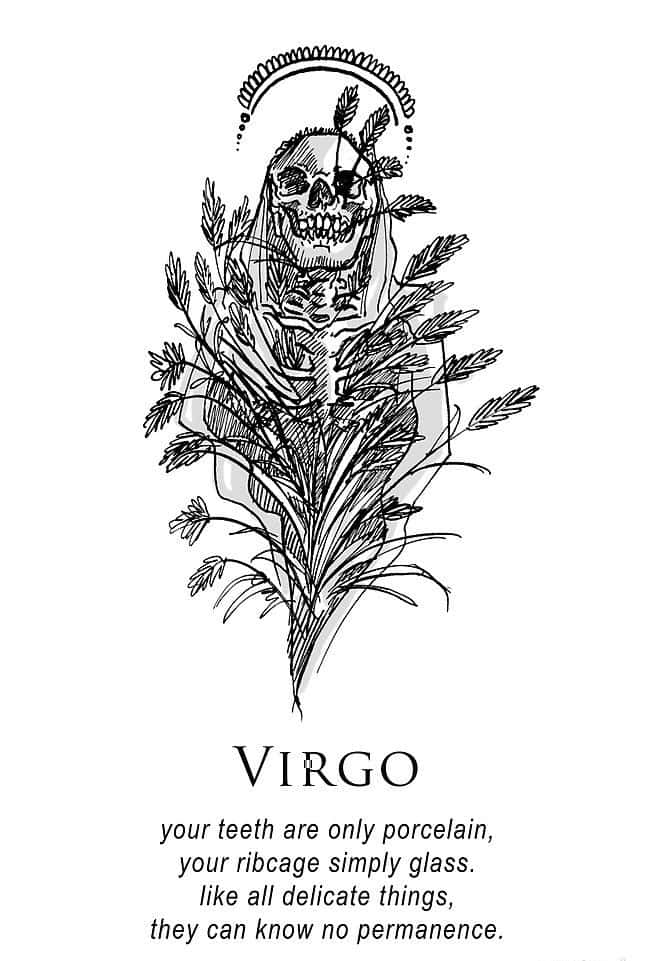 Virgo Aesthetic 桌布 壁紙 — 一個黑白線條繪畫的頭骨，飾有麥穗和光環，標有「VIRGO」，下方有詩意文字。