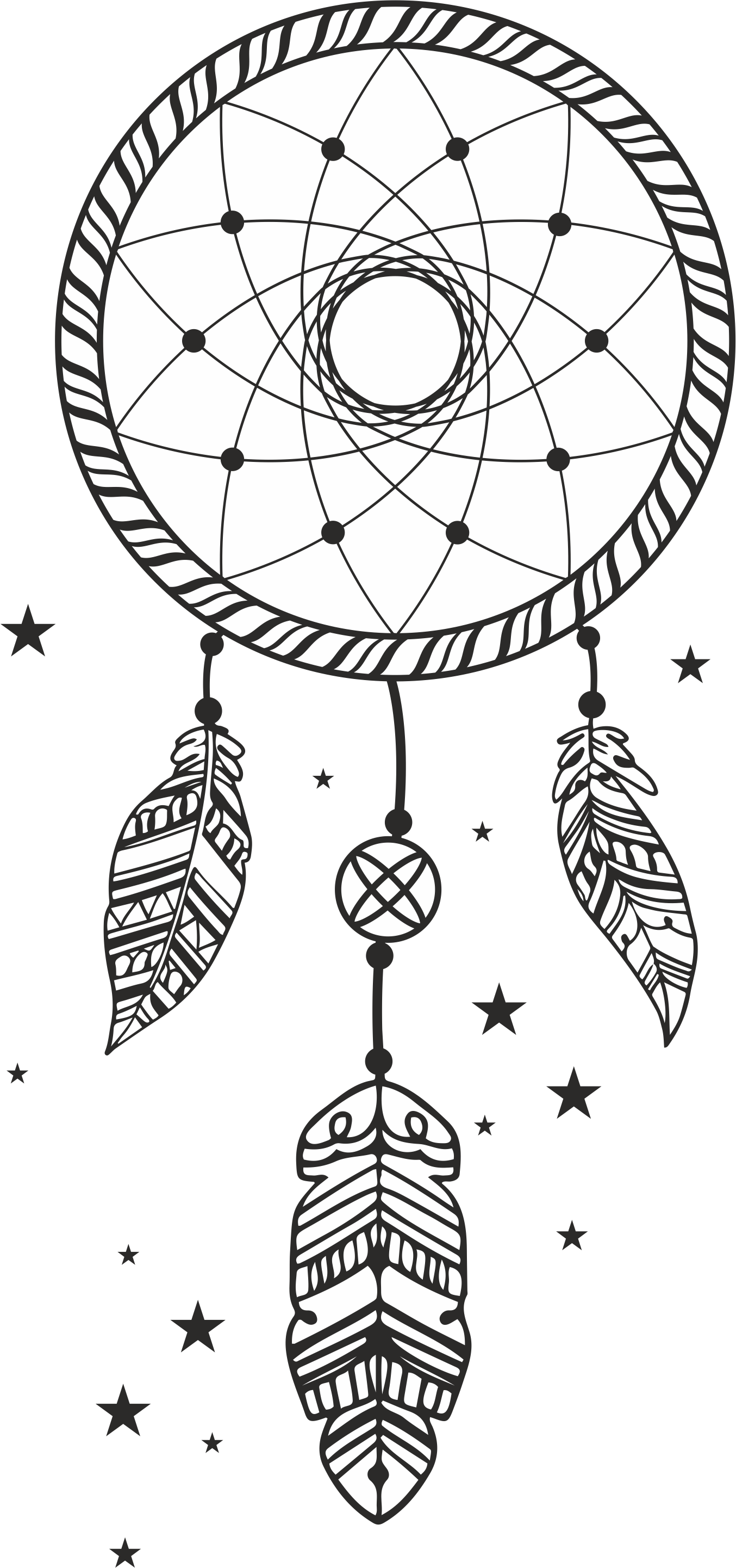 dreamcatcher 桌布 壁紙 — 一個黑白線條繪製的捕夢網，帶有圖案羽毛和漂浮的星星。
