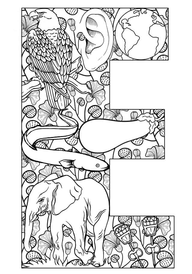 Cute Coloring 桌布 壁紙 — 一個黑白線條藝術填色頁，形狀像字母E，充滿了複雜的動物和自然圖案。