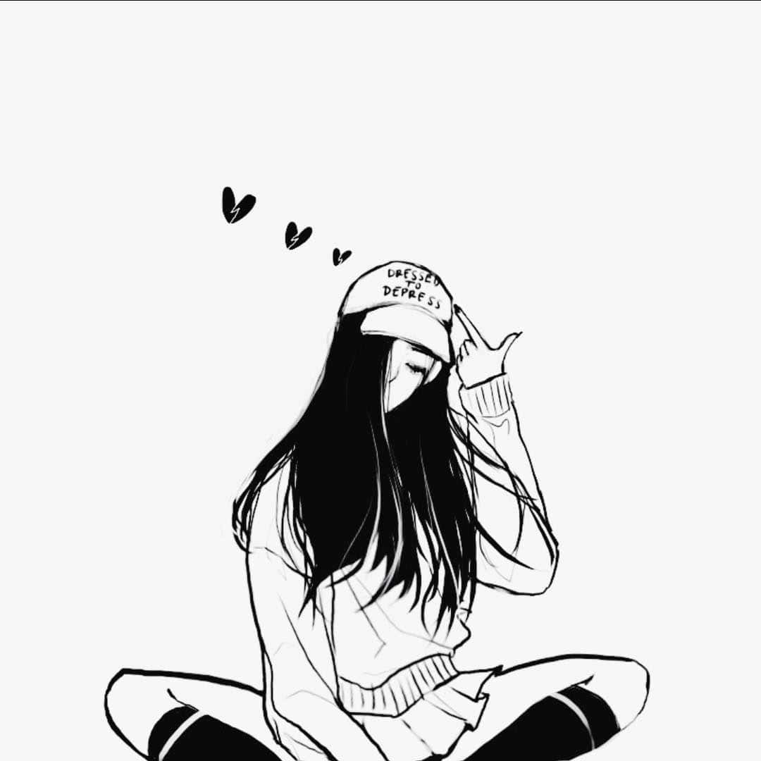 Black And White Anime 桌布 壁紙 — 一個黑白線條藝術插圖，描繪一個女孩盤腿而坐，戴著一頂寫有 dressed to depress 的帽子，同時做出和平手勢。