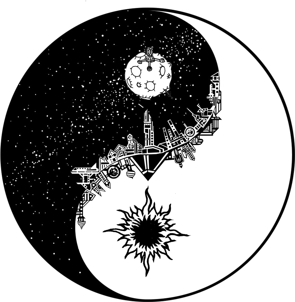 Symbol 桌布 壁紙 — 一個黑白線條藝術的陰陽符號，一邊有城市景觀和太空船，另一邊有太陽爆發，背景是星空。