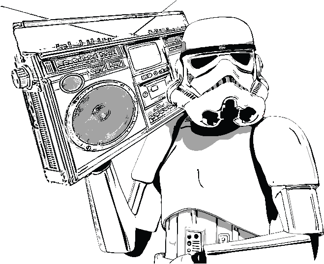 Star Wars Characters 桌布 壁紙 — 一個黑白線條藝術的風暴兵在純黑背景上單肩扛著一個巨大的手提音響。