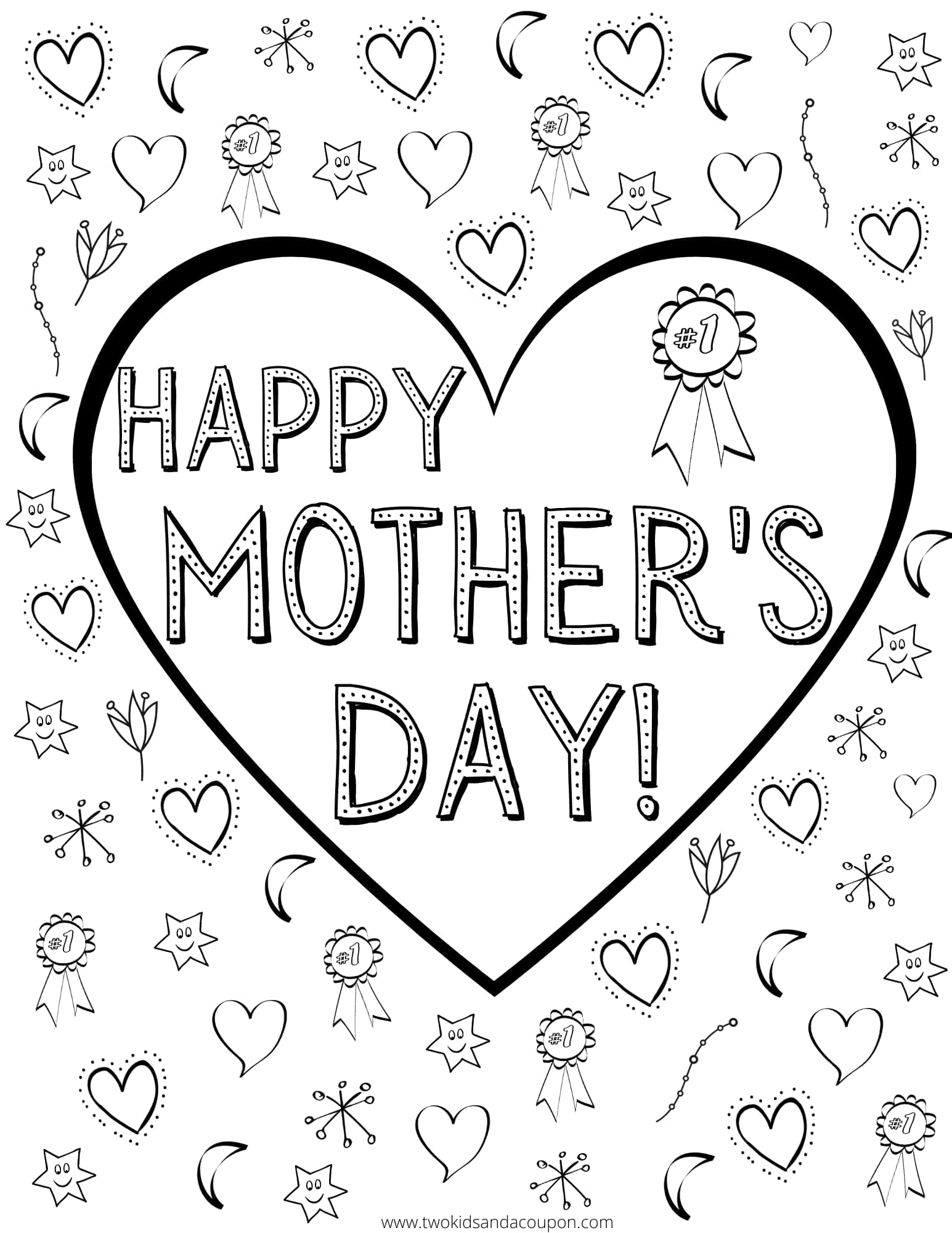 happy mother's day 桌布 壁紙 — 一個黑白線條藝術著色頁，包含一個大愛心，裡面寫著「HAPPY MOTHER'S DAY!」，周圍環繞著愛心、星星和緞帶。
