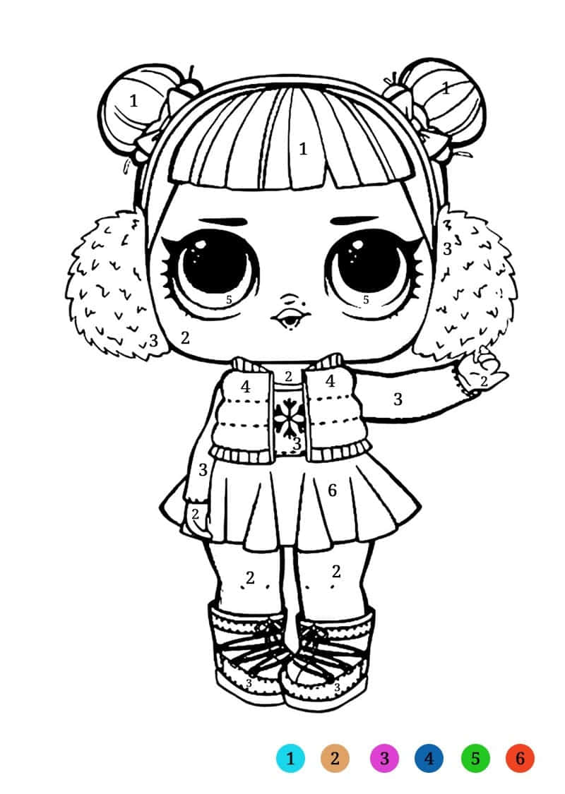 Doll 桌布 壁紙 — 一個黑白線條藝術著色頁，畫有一個可愛的紮辮子戴耳罩的娃娃拿著雪花。