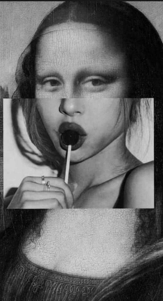 lisa 桌布 壁紙 — 一個黑白肖像，一位塗著深色口紅的女人拿著棒棒糖，背景帶有紋理。