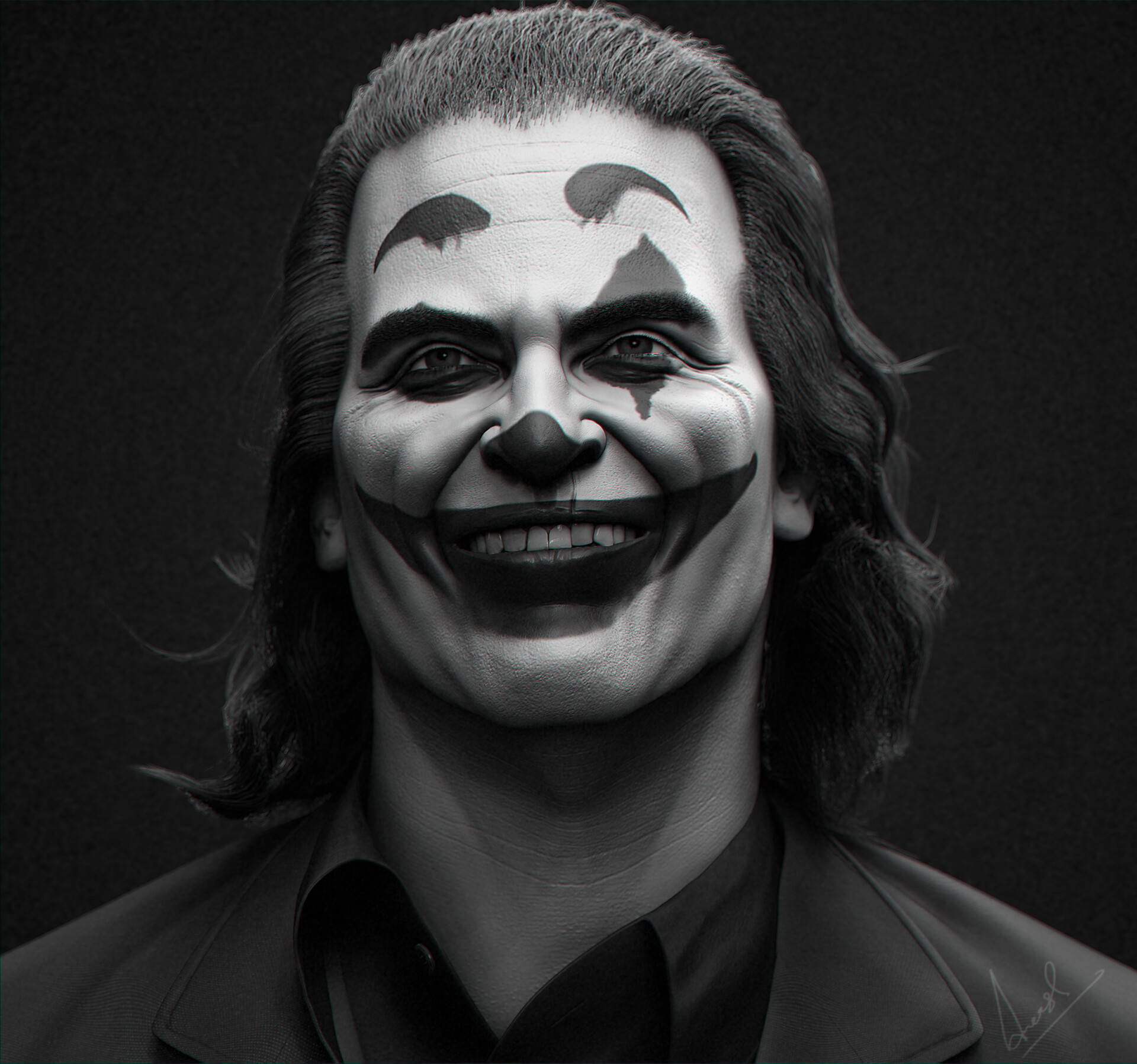 Black And White Joker 桌布 壁紙 — 一個黑白肖像，一個化著小丑妝的男人在黑暗背景中微笑。
