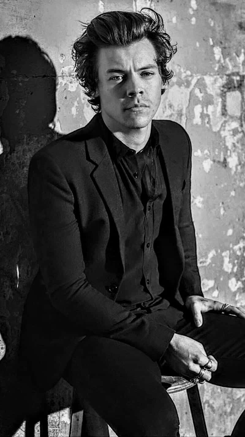 Harry Styles Black And White 桌布 壁紙 — 一個黑白肖像，一個有造型頭髮的男人坐在凳子上，背景是紋理牆壁。