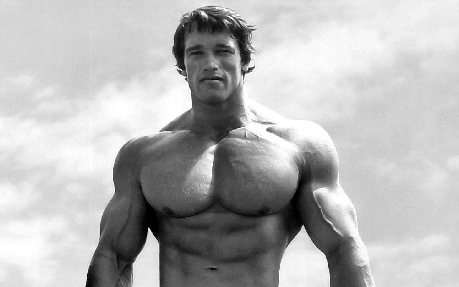 Arnold 桌布 壁紙 — 一個黑白肖像，一個肌肉發達的男人，有清晰的腹肌和肩膀，站在多雲的天空前。