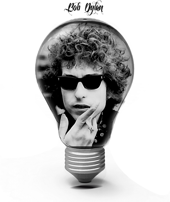Bulb 桌布 壁紙 — 一個黑白肖像，顯示Bob Dylan的臉在燈泡內，手托著下巴。